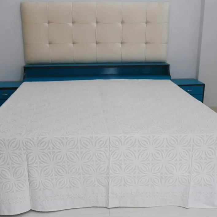 Cotton White Bedsheet Indian Handmade Applique Work Bedspread Decorative Cutwork Bed Cover