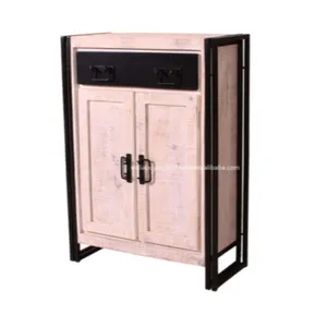 Indian Wooden Furniture Mango Wood Two Doors One Drawer Cabinet for Storage with White Wash Antique Finish