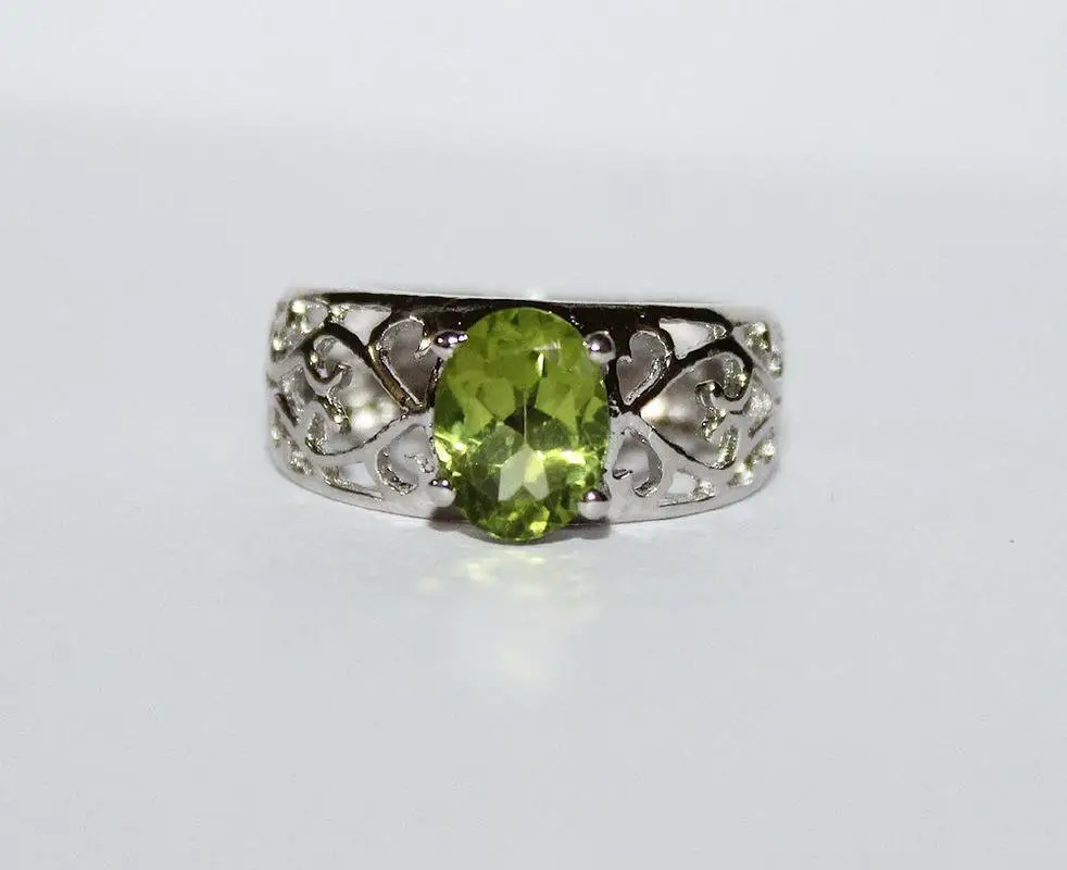 Stone Ring Green Peridot Oval Faceted Gemstone In Prong Set 925 Sterling Silver Filigree Ring