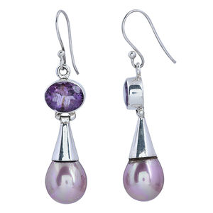 Pendiente de piedras preciosas de amatista y Perla de corte ovalado, pendiente de Plata de Ley 925, ajuste de bisel, pendiente de moda Chapado en plata para mujer - Product Image 2