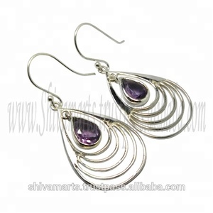 Handmade 925 Sterling <b>Silver</b> Amethyst Gemstone <b>Drop</b> Hoop <b>Earrings</b> Cute Women's Fashion for Wedding Christmas Parties Gift for - Product Image 2