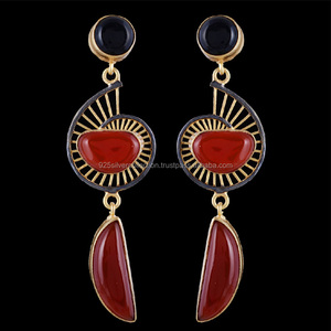 Red Onyx Pearl Gold-Plated Brass <b>Earrings</b> for Children's Fancy Design <b>Long</b> Stud Trendy Parties Gifts Engagements Anniversaries - Product Image 2