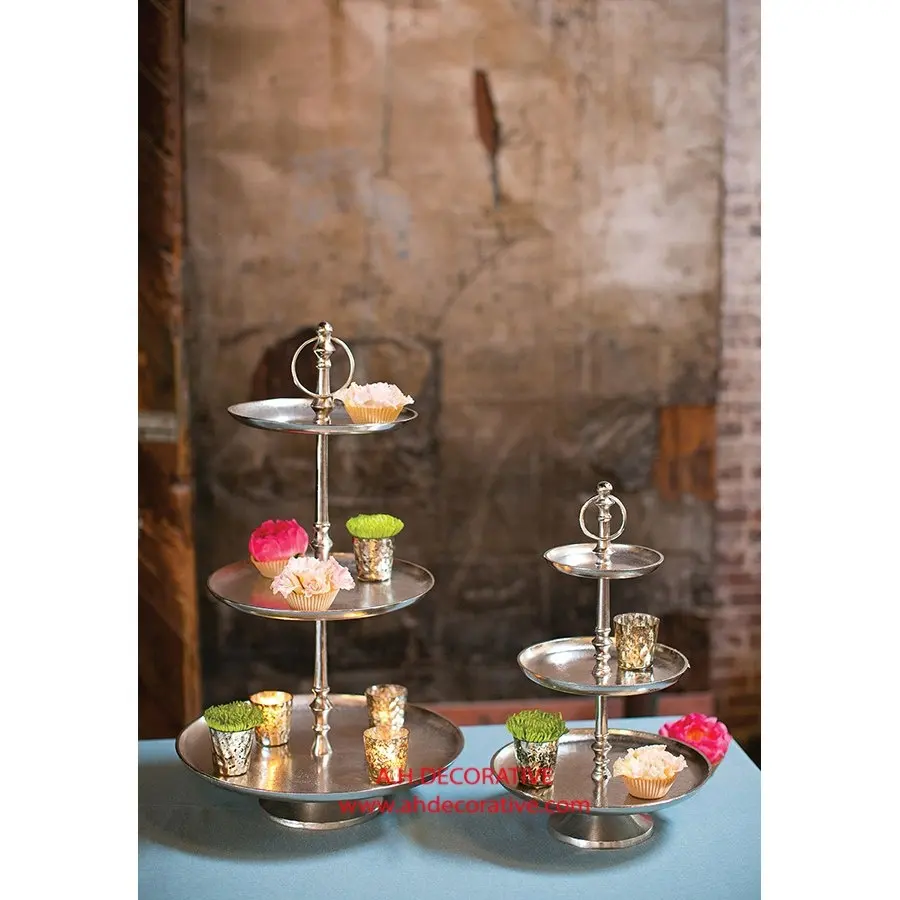 Présentoirs à gâteaux en métal plaqué argent, 2 pièces, avec poignées en anneau, Design élégant, pour décoration de fête, 3 niveaux, nouveauté 2020