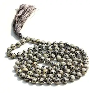 Collar de cuentas de Yoga Mala 108 hecho a mano religioso Unisex, cadenas anudadas de perlas de jaspe de marfil manchado, regalo de piedras preciosas Premium - Product Image 1