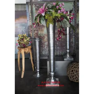 Jarrón alto de metal plateado con base cuadrada para decoración del hogar de bodas, florero de aluminio para suelo, parte del género de jarrones de metal