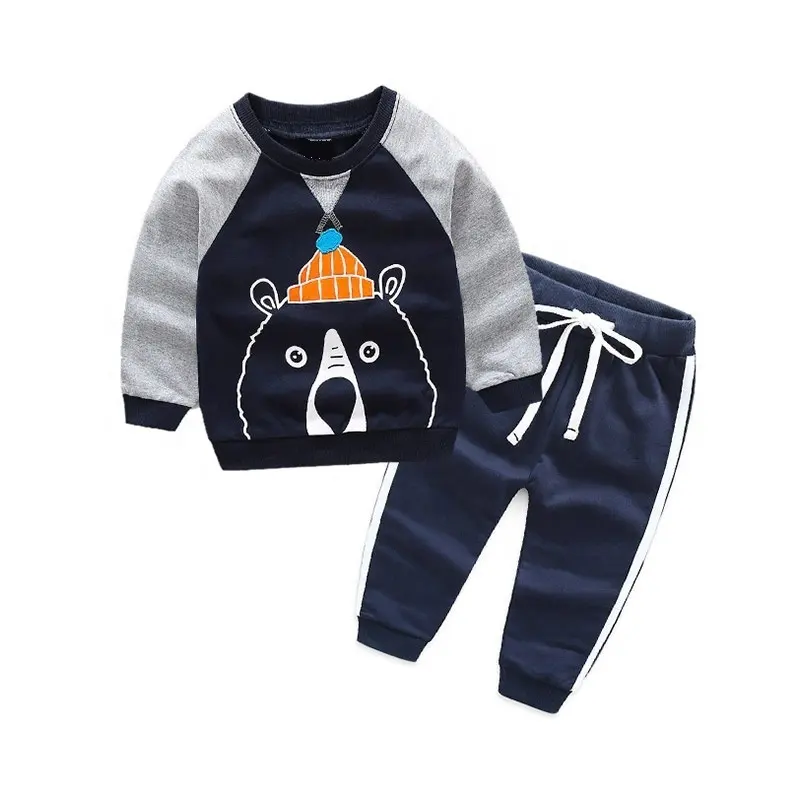 Boys bear graphic sweat shirt and sports striped pant set Summer Wholesale Children Kids Clothes Short Sleeves Baby Clothing