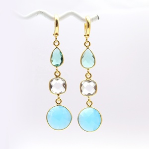 Handmade Topaz Crystal & Chalcedony Gemstone Hoop Earring <b>Gold</b> Plated Bezel Set Dangle Earring Dainty Statement Earrings Jewelry - Product Image 1