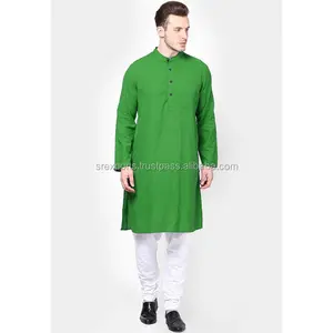 Camiseta de algodón hecha a mano para hombre, Kurta camisa masculina de color verde, informal, holgada, de diseñador