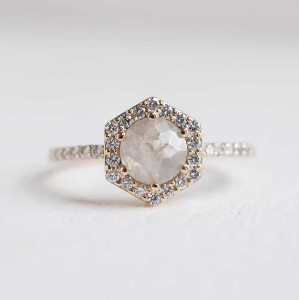 1,32 quilates gris Natural sal y pimienta diamantes boda Halo anillo 14k amarillo oro antiguo anillo de diamante