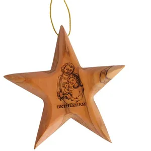 olive wood hand made star of Bethlehem Christmas tree ornament with engraving holy family
