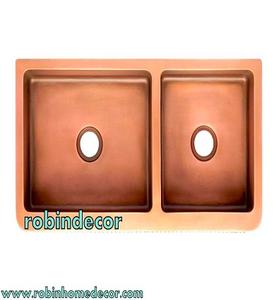 Fregadero de cocina de cobre con doble cuenco de 16 calibre, diseño frontal grabado, artesanía de lujo - Product Image 2