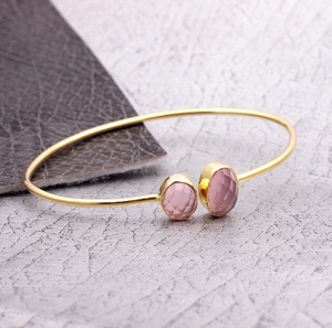 Pulsera ajustable de piedra preciosa de Calcedonia rosa, brazalete chapado en oro, precio al por mayor, joyería - Product Image 3