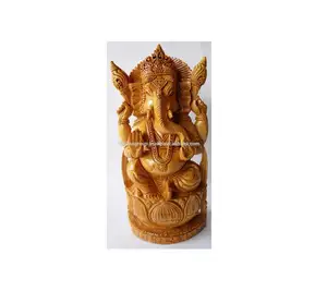 Indian Soft Wood Fine Carving Ganesh Statue - Handcarved Wooden Ganesha Statue - Lucky Desk Decor