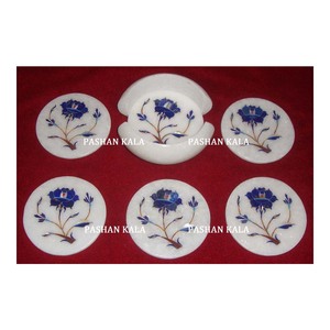 Handmade Decorative Pure White Marble Round Shape Decorative <b>Blue</b> Inlay Color Tea <b>Coaster</b> Sets For Export - Product Image 1