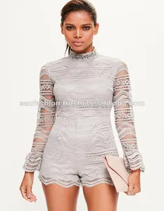 Traje de juego de encaje gris con cremallera en la espalda forro gris Mini vestido sexy para mujer sin espalda de punto con volantes apresurados Party Night Club