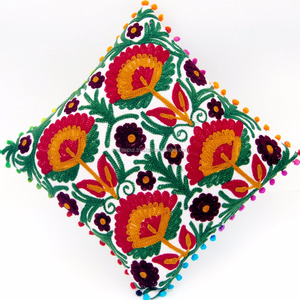 Artisanal Woolen Embroidery Square Cushion Cover White Cotton Throw Pillow Case for Sofa Bed <b>Chairs</b> and Accent Interior Decor - Product Image 5