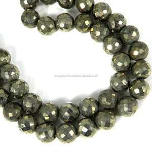 Perles de pyrite rondes à facettes de haute qualité de 7mm couleur dorée 10 pouces de longueur 142.00 Cts Ishu Gems IG12051 - Product Image 1