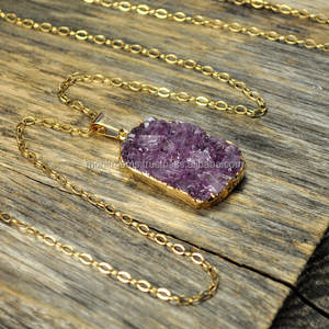 18-Inch Long <b>Brass</b> Statement <b>Necklace</b> Amethyst Druzy Agate Nickel-Free Plating-Perfect Gift for Parties Anniversaries - Product Image 2