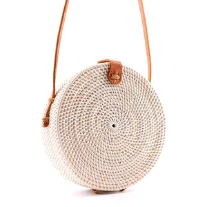 Crossbody bags with leather handles bali rattan bag round shape white color 2019