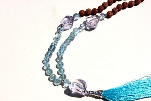 Collier en perles de sodalite facettées, perles de mala, pompon, noué à la main, style bohème, unisexe, religieux, bouddhisme, yoga, mode, cadeau de fête - Product Image 2