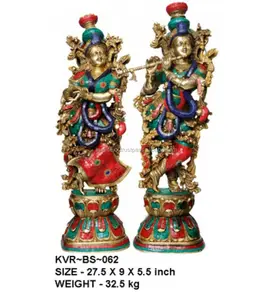 Radha Krishna Statue - Gemstone Inlay Hand Work Brass Sculpture