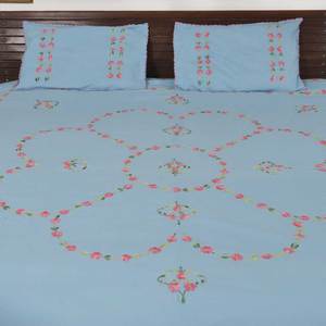 Hand Embroidered Light <b>Blue</b> Cotton Pink Flowers Bedsheet with Two <b>Pillow</b> Covers Indian Bedsheet - Product Image 1