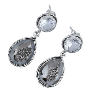 Pear Druzy Round Quartz Gemstone 925 <b>Sterling</b> <b>Silver</b> <b>Stud</b> Dangle <b>Earrings</b> Classic <b>Silver</b> Plated Fashionable <b>Earring</b> for Women. - Product Image 2