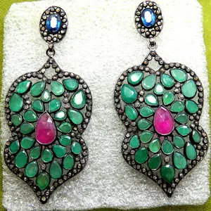 天然翡翠天然红宝石蓝宝石 & 钻石耳环套装维多利亚式珠宝