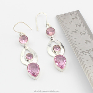 Pendientes Colgantes de Plata de Ley 925 con Cuarzo Rosa, Joyería de Plata Hecha a Mano, Precio al por Mayor, Proveedores a Granel de la India - Product Image 4