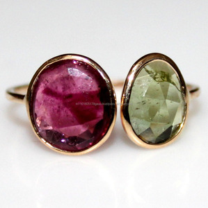 แหวนแตงโมทัวร์มาลีนหลายแบบแหวนกุหลาบตัดหินคู่สีทองน่ารักในกรอบสีเหลืองแข็ง14K In; 27243 - Product Image 2