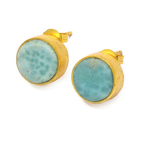 Round Shape Larimar Gemstone 925 Sterling <b>Silver</b> <b>Stud</b> <b>Earrings</b> Gold Plated Fashionable <b>Earring</b> <b>For</b> Wedding Anniversary <b>For</b> <b>Women</b> - Product Image 1