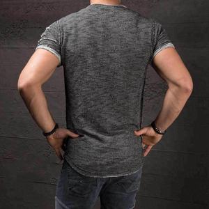 Men's Slim Fit Denim <b>Muscle</b> Tee O-Neck Short Sleeve Casual <b>T</b>-<b>Shirt</b> Garment Dyed Solid Pattern with Ripped Design - Product Image 6