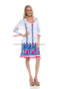 เดรสสั้นสไตล์โบฮีเมียนสำหรับผู้หญิงคอลเลคชั่นตู้เสื้อผ้าปักลายดอกไม้โบราณชุดเดรสแขนกระดิ่ง3/4แบบยืดหยุ่นตัดเย็บแบบขี้เล่น - Product Image 4