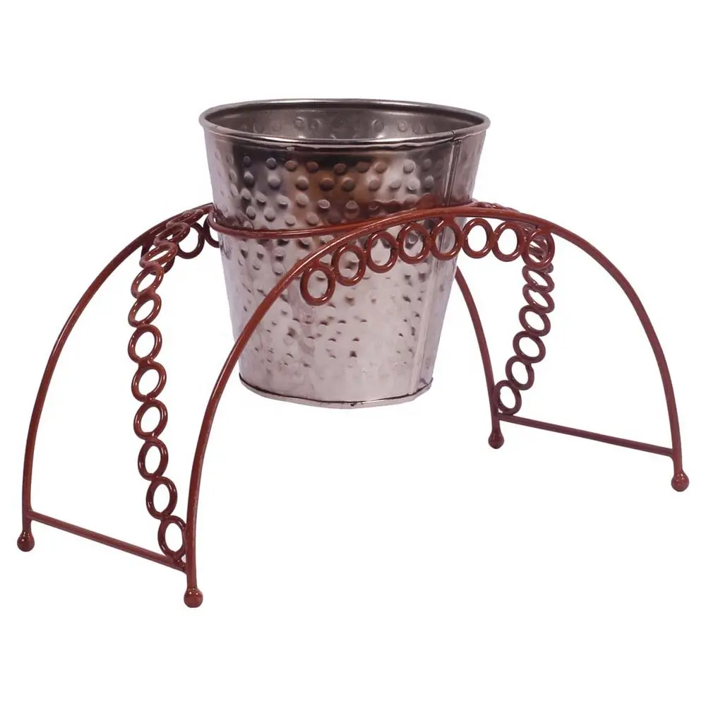 High Grade Factory Direct India at Low Price Hand Hammered Design Metal Round Galvanized Planter with Red Color Stand for Garden