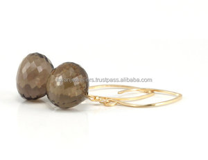 Boucles d'oreilles en argent sterling 925, topaze fumée naturelle en forme d'oignon, pierres précieuses faites à la main, plaqué or, vente en gros, bijoux en argent tendance - Product Image 1