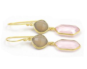 Quartz rose et pierre précieuse de calcédoine grise avec boucle d'oreille à la mode en forme d'hexagone plaquée or - Product Image 4