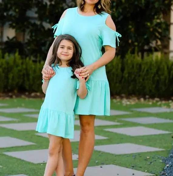 Wholesales Mother and Daughter Clothes Pure Colour Kids cold shoulder Dress