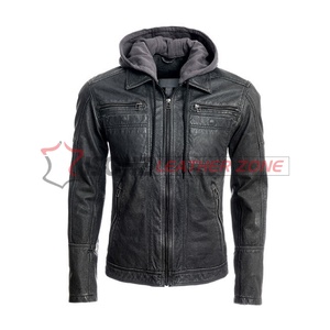 แจ็คเก็ตหนังแฟชั่นฤดูหนาวสำหรับผู้ชายสีดำแบบ OEM พร้อมฮู้ดกันลม - Product Image 2