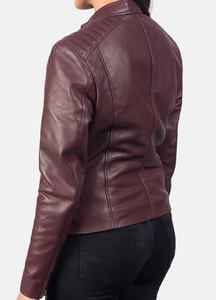 Chaqueta de motociclista de cuero granate, prendas de vestir exteriores de moda para mujer, piel de cordero genuina suave, cómoda y elegante, uso diario - Product Image 5