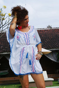 Exclusive Branded Girl's Wear Embroidered Short Kaftan Poncho Dress With <b>Pom</b> <b>Pom</b> Trim Fashionable Women's Hot Bikini Cover Up - Product Image 2