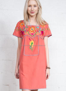 2019 Newest Summer Casual Mexican Style Boho Tunic Women Classic Version Orange Floral Embroidered Square Neck Short Dress - Product Image 4