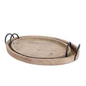 Lot de 2 plateaux ovales décoratifs en bois et fer pour la maison Rangement de service sur mesure Plateaux rectangulaires avec poignées pour usage domestique - Product Image 1