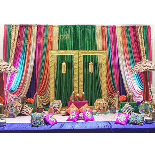 Cortinas de fondo de boda de lentejuelas de colores, bordadas, hechas a mano, indio