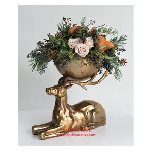 仿古青铜顶级实心铝花碗花瓶，带鹿角架和鹿底，用于餐桌装饰