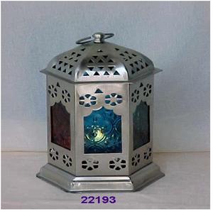 Wholesale Retro <b>Moroccan</b> Lantern Hexagon Shape Iron Sheet Blue Glass Tealight Lantern - Product Image 1