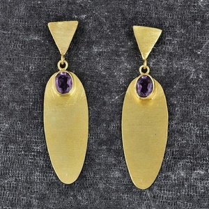 Pendientes de plata de ley 925 con gema de amatista auténtica, joyería hecha a mano con diseño Tribal liso y chapado en oro - Product Image 2