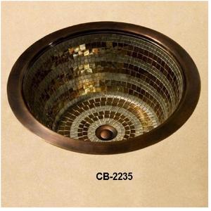 Lavabo de salle de bain rond en cuivre antique avec dessus de table en mosaïque de luxe design - Product Image 1