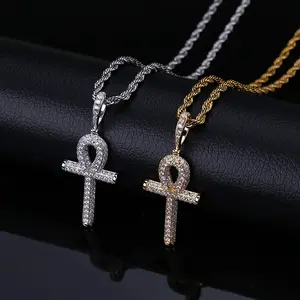 HIPHOP penuh Zircon Ankh kunci salib padat liontin kalung perhiasan