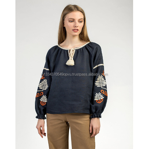 Mexican Hand Fern Embroidered Natural Linen Tasseled <b>Tie</b> Oval Neck Women Blouse Vintage Look Christmas Party Wear Ukrainian Top - Product Image 1