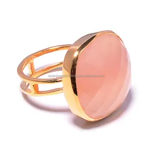 Rose Pierre Calcédoine Fine Plaqué Or Bague En 925 En Argent Sterling - Product Image 1